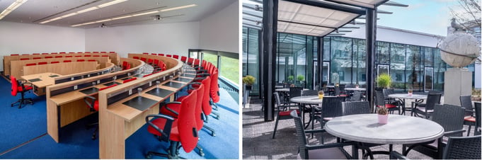 IntercityHotel Frankfurt Airport Terminal 3: Modernes Auditorium mit geschwungener Parlamentsbestuhlung und roten Bürostühlen (links) sowie Außenterrasse mit überdachtem Sitzbereich und Globusskulptur vor Glasfassade (rechts).