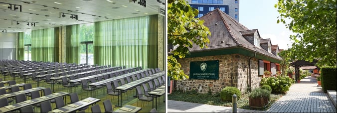 Steigenberger Airport Hotel Frankfurt: Großer Konferenzsaal in Schulungsbestuhlung mit raumhohen Fensterfronten und grünen Vorhängen (links) sowie Außenansicht des Restaurants Unterschweinstiege mit historischem Natursteingebäude und gepflegtem Garten (rechts).