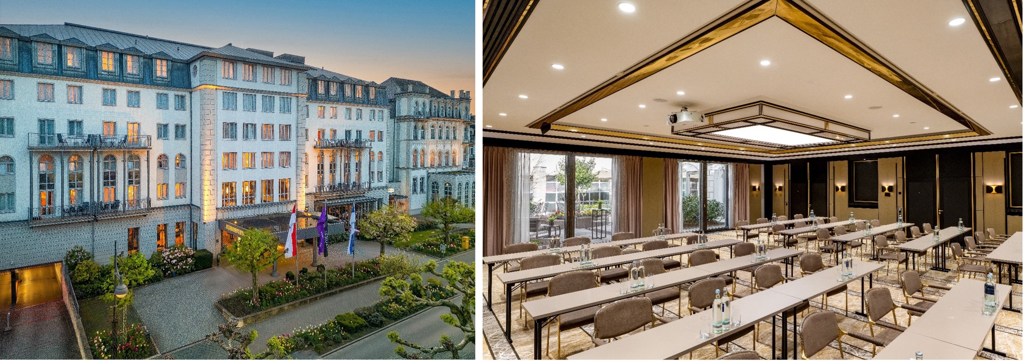 Steigenberger Hotel Bad Homburg: Abendliche Außenansicht des klassizistischen Hotelgebäudes mit beleuchtetem Eingangsbereich (links) sowie eleganter Konferenzsaal in Schulungsbestuhlung mit goldenen Deckenleisten und Blick auf den Innenhof (rechts).