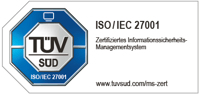 Zertifizierungssiegel des TÜV SÜD für ein nach ISO 27001 zertifizierter IT-Grundschutz, mit Verweis auf www.tuvsued.com/ms-zert