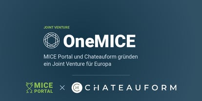 Joint Venture OneMICE: MICE Portal und Chateauform gründen gemeinsam ein europäisches Unternehmen für die Governance von MICE-Ausgaben und den professionellen Veranstaltungseinkauf. Headergrafik mit OneMICE-Logo sowie den Firmenlogos von MICE Portal und Chateauform auf dunkelblauem Hintergrund.