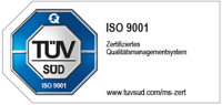 Zertifizierungssiegel des TÜV SÜD für ein nach ISO 9001 zertifiziertes Informationssicherheits-Managementsystem, mit Verweis auf www.tuvsued.com/ms-zert