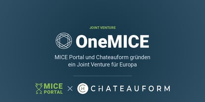 Joint Venture OneMICE: MICE Portal und Chateauform gründen gemeinsam ein europäisches Unternehmen für die Governance von MICE-Ausgaben und den professionellen Veranstaltungseinkauf. Headergrafik mit OneMICE-Logo sowie den Firmenlogos von MICE Portal und Chateauform auf dunkelblauem Hintergrund.