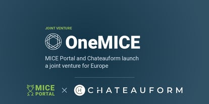 Joint venture OneMICE: MICE Portal and Chateauform launch a European platform for the governance of MICE expenditure and professional event procurement. Header graphic featuring the OneMICE logo as well as the company logos of MICE Portal and Chateauform on a dark blue background.