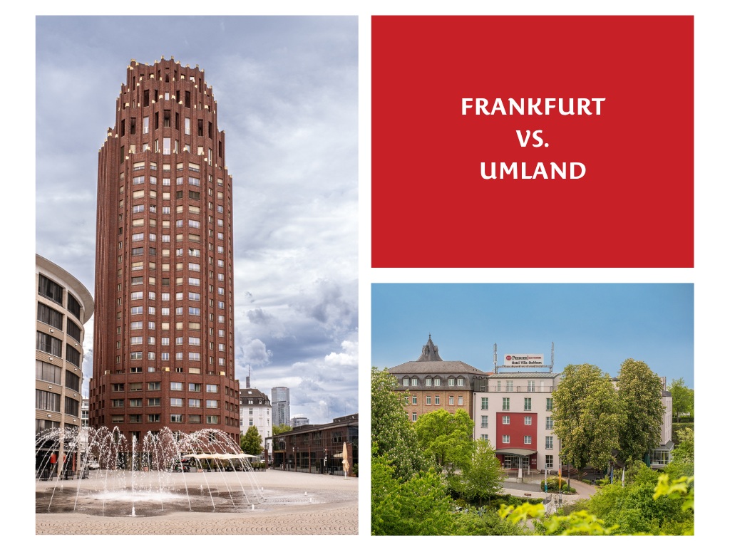 Tagungshotels in Frankfurt im Vergleich, Hotelhochhaus mit Springbrunnen in der City und Tagungshotel im Grünen im Frankfurter Umland