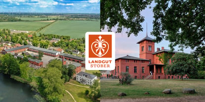 Außenansicht und Drohnenaufnahme des Landgut Stober im Havelland bei Berlin: historische Tagungslocation mit charakteristischer Backsteinfassade, eingebettet in eine idyllische Naturlandschaft direkt am Wasser. Das weitläufige Areal zeigt die Kombination aus denkmalgeschütztem Gutshof, modernen Veranstaltungsflächen sowie architektonischen Elementen im Loft- und Gewölbestil. Die Lage am See mit umliegendem Park unterstreicht den ruhigen, naturnahen Charakter der Event- und Tagungslocation und verdeutlicht ihre Positionierung als nachhaltiges Tagungshotel in Deutschland.