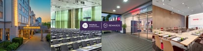 Vier-Bild-Collage des IntercityHotel Frankfurt Airport Terminal 3: Außenansicht des modernen Hotelgebäudes am Frankfurter Flughafen bei Abenddämmerung, großer Konferenzraum mit Parlamentsbestuhlung und raumhohen Fenstern für bis zu 180 Teilnehmende, Eingangsbereich mit H World International und H Rewards Beschilderung, sowie heller Tagungsraum mit Holztischen in U-Form-Bestuhlung – ideal für Meetings, Konferenzen und MICE-Events direkt am neuen Terminal 3 Frankfurt Airport