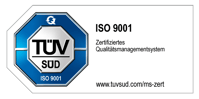 Zertifizierungssiegel des TÜV SÜD für ein nach ISO 9001 zertifiziertes Informationssicherheits-Managementsystem, mit Verweis auf www.tuvsued.com/ms-zert