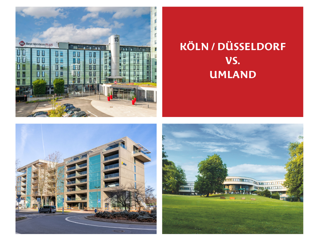 Tagungshotels in Köln und Düsseldorf im Vergleich zum Umland, moderne Hotelfassaden in der City und ein Tagungshotel am hoteleigenen Park