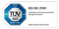 Zertifizierungssiegel des TÜV SÜD für ein nach ISO/IEC 27001 zertifiziertes Informationssicherheits-Managementsystem, mit Verweis auf www.tuvsued.com/ms-zert