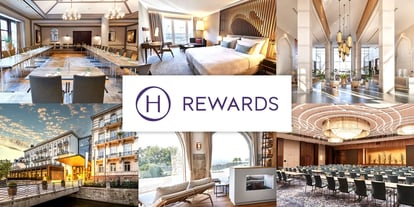 Collage aus Innenaufnahmen eines Hotels mit Tagungsräumen, einem Hotelzimmer, einem großen Saal mit Kronleuchter, Außenansicht des Hotels und Kaminbereich, mittig das Logo mit Schriftzug 'H REWARDS'