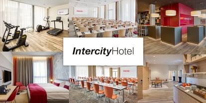 Collage aus Hotelbildern mit Fitnessraum, Tagungsraum, Rezeption, Hotelzimmer und Frühstücksraum, mittig das Logo 'InterCityHotel'