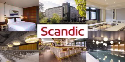 Collage mit Bildern von Scandic: Hotelzimmer mit Bett, Außenansicht des Gebäudes, Konferenzraum mit Stühlen, Barbereich mit Theke, und Schwimmbad mit Beleuchtung. 'Scandic' in roter Schrift in der Mitte.