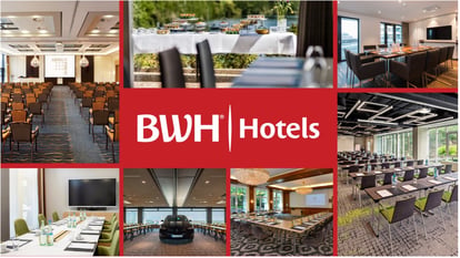 Collage aus acht Fotos verschiedener BWH Hotels Veranstaltungsräume: Tagungsräume mit Reihen-, U- und Bankettbestuhlung, ein Konferenzraum mit Flussblick und ein Catering-Buffet im Freien. In der Mitte das weiße BWH Hotels Logo auf rotem Grund.
