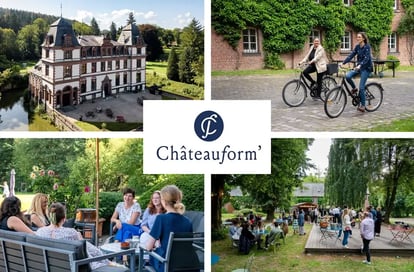 Châteauform' Logo umgeben von Bildern eines historischen Schlosses mit Wassergraben, Menschen bei Teambuilding-Aktivitäten im Freien, darunter Radfahren und Gespräche auf einer Terrasse