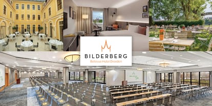 Innenhof mit gelben Fassaden und gedeckten Tischen, Hotelzimmer mit Sitzbereich und Blick auf Stadt, Garten mit Tischen unter Bäumen, zwei Konferenzräume mit Stuhlreihen und Leinwand, Logo 'Bilderberg Bellevue Hotel Dresden' in der Mitte