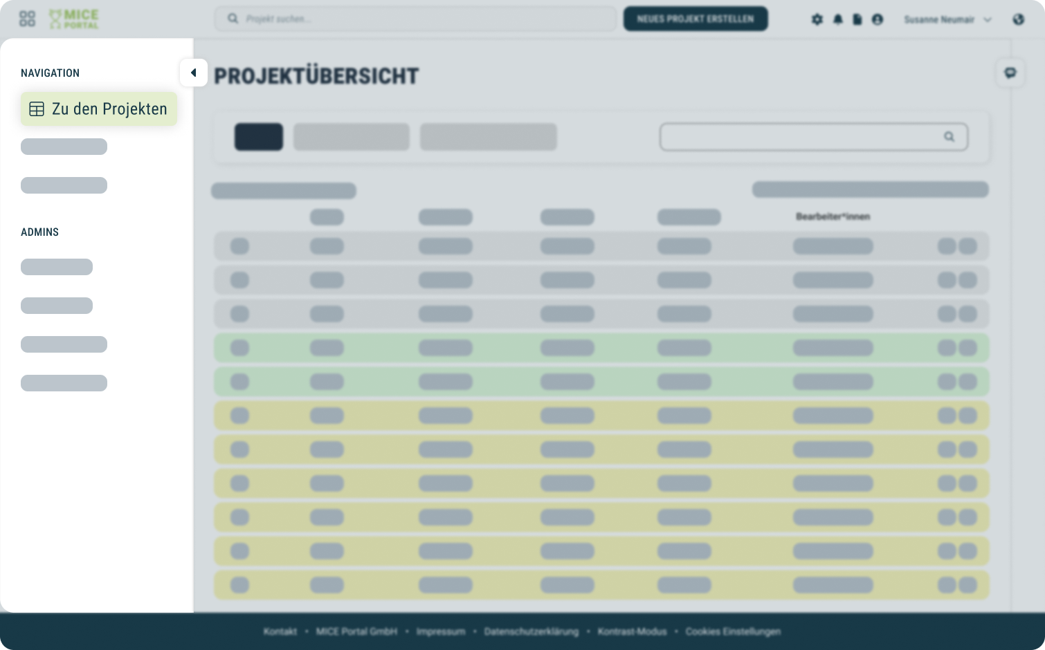 Ansicht der neuen Navigation der MICE Portal Buchungsplattform mit hervorgehobener Schaltfläche 'Zu den Projekten' und einer Projektübersichtstabelle