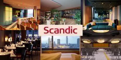 Collage aus Innenaufnahmen eines modernen Hotels mit Restaurant, Bar, Lounge und Stadtblick, mittig rotes Logo 'Scandic'.