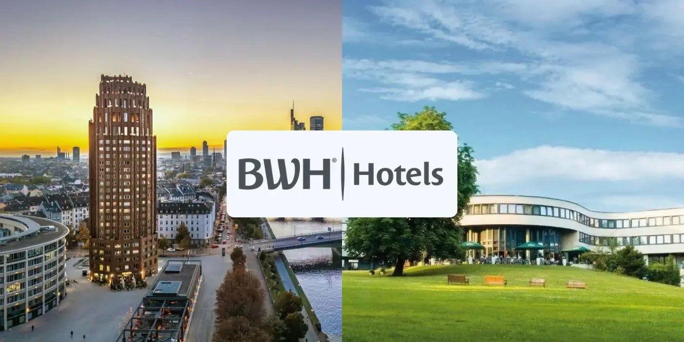 Geteiltes Titelbild von BWH Hotels: Links eine Frankfurter Skyline mit modernem Hotelturm bei Sonnenaufgang, rechts ein modernes Hotelgebäude in grüner Parklandschaft. In der Mitte das BWH Hotels Logo. Es demonstriert welche unterschiedlichen Veranstaltungsorte sich über das MICE Portal buchen lassen