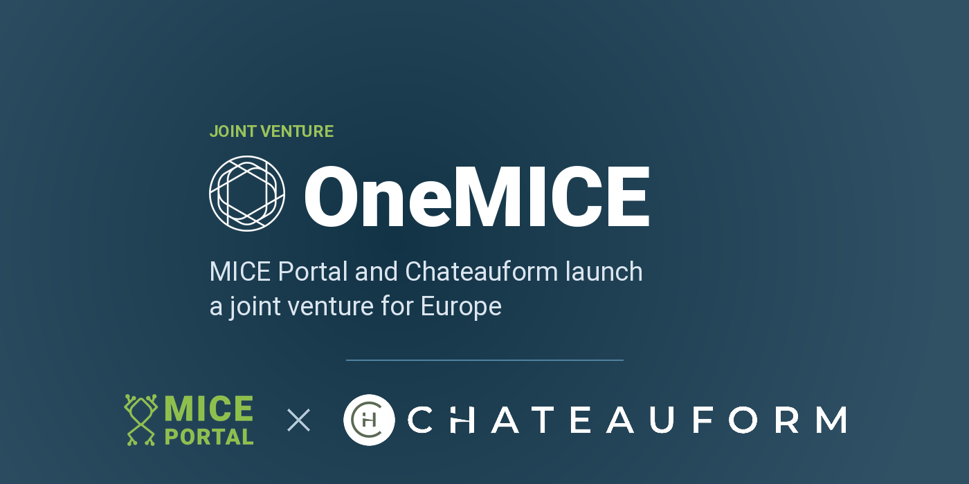 Joint venture OneMICE: MICE Portal and Chateauform launch a European platform for the governance of MICE expenditure and professional event procurement. Header graphic featuring the OneMICE logo as well as the company logos of MICE Portal and Chateauform on a dark blue background.