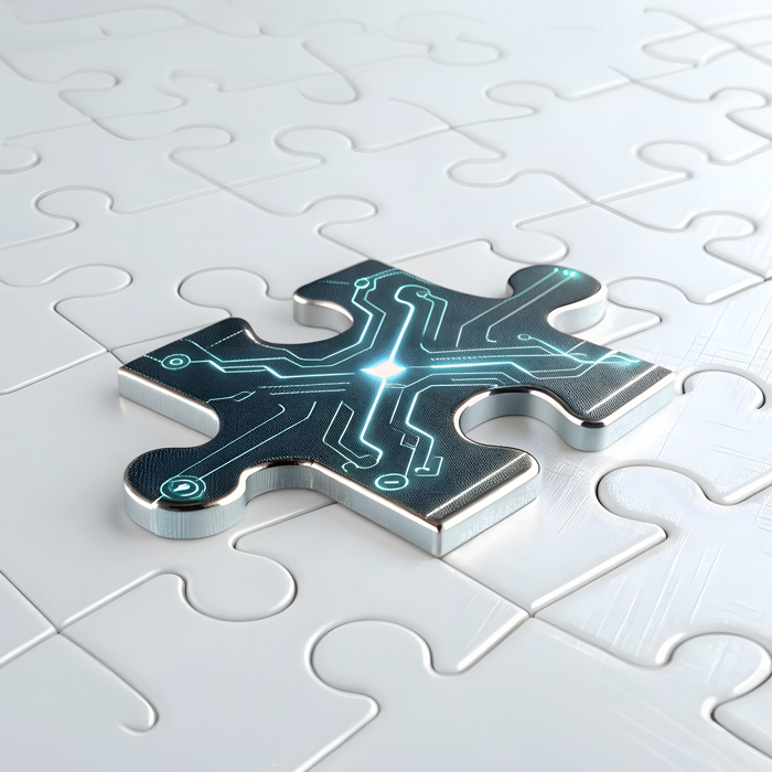 Ein Puzzleteil, das mit einem Leiterplattenmuster gestaltet ist.