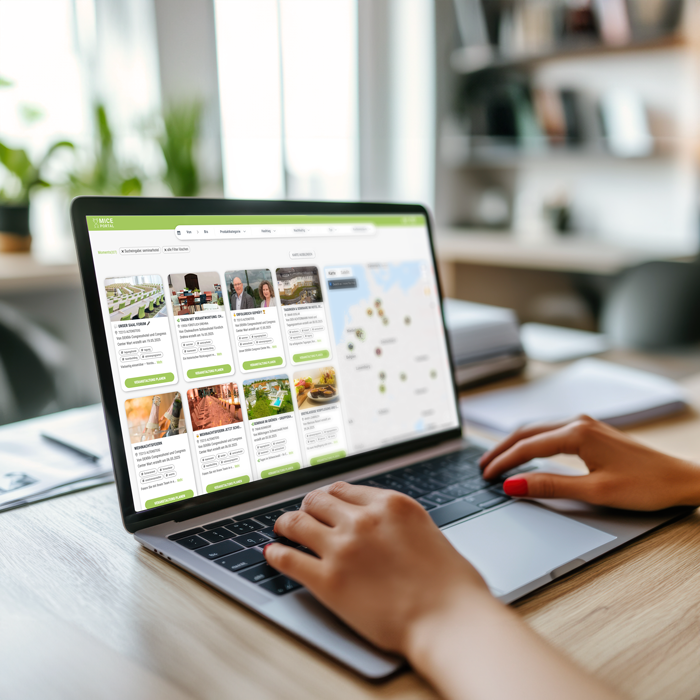 Eine Person, die auf einem Laptop tippt. Auf dem Bildschirm ist die MICE Portal Buchungsplattform zu sehen.