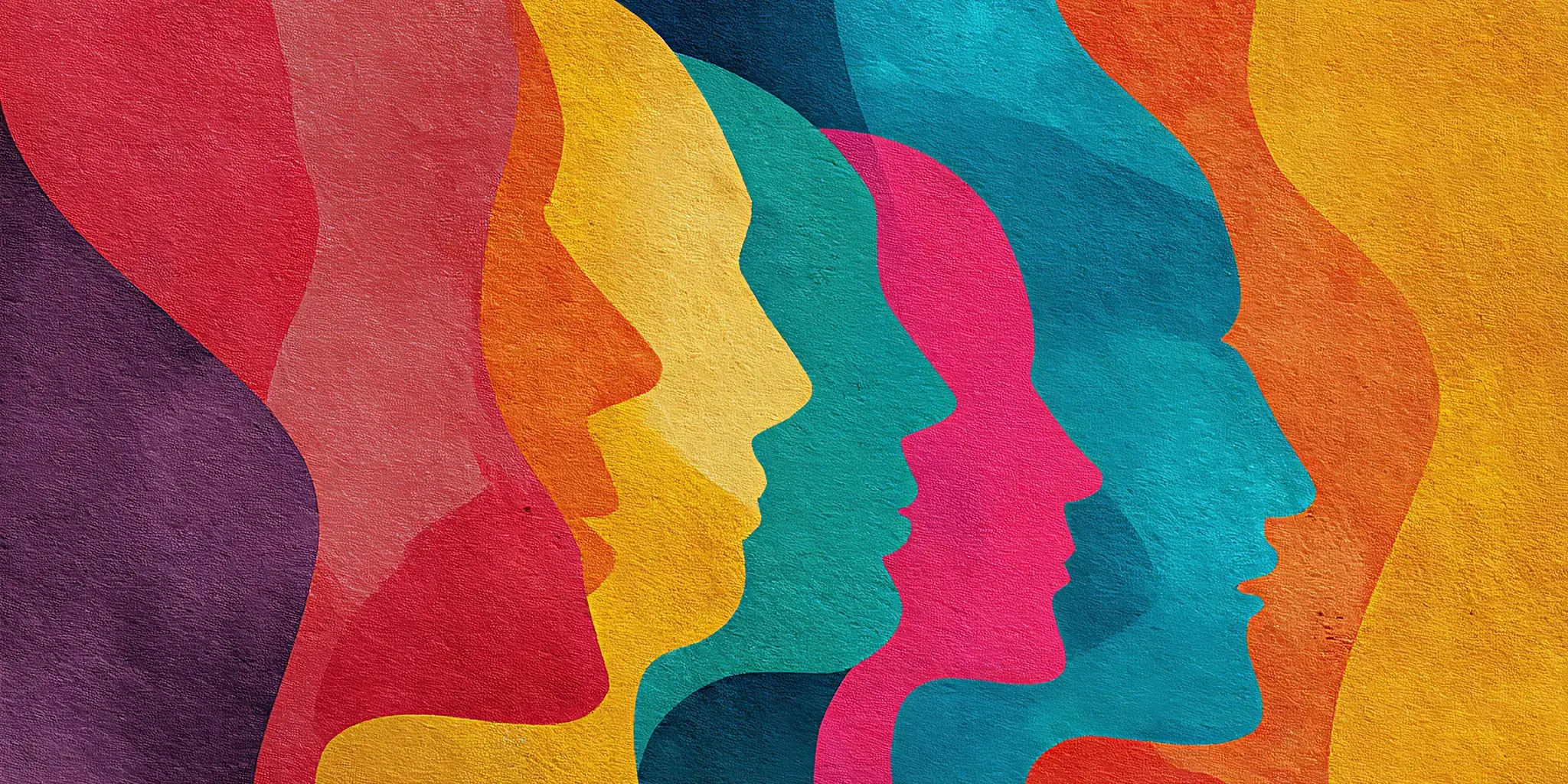 Mehrere bunte, überlappende Gesichtsprofile in Gelb, Rot, Pink, Blau und Türkis auf strukturiertem Hintergrund.