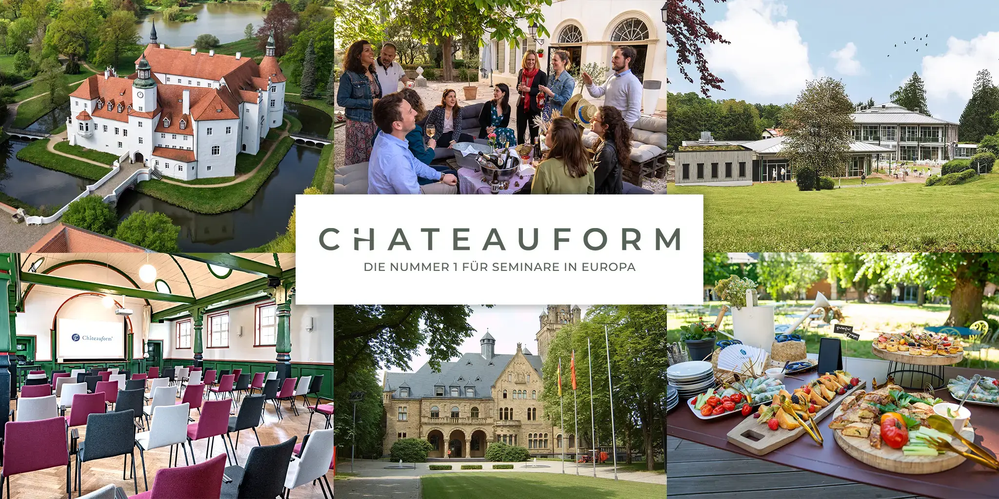 Collage mit Schloss, Seminarraum mit Stuhlreihen, Gruppenmeeting im Freien, modernes Gebäude, Buffet mit Speisen und historisches Gebäude mit Fahnen.
