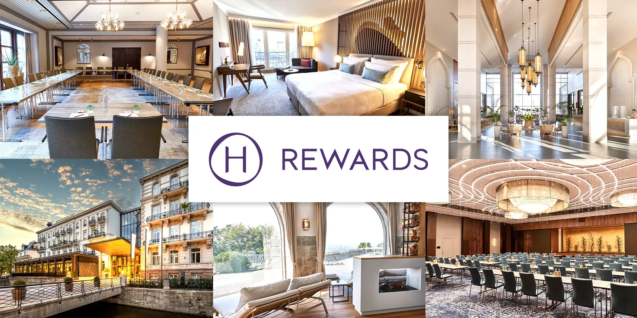 Collage aus Innenaufnahmen eines Hotels mit Tagungsräumen, einem Hotelzimmer, einem großen Saal mit Kronleuchter, Außenansicht des Hotels und Kaminbereich, mittig das Logo mit Schriftzug 'H REWARDS'