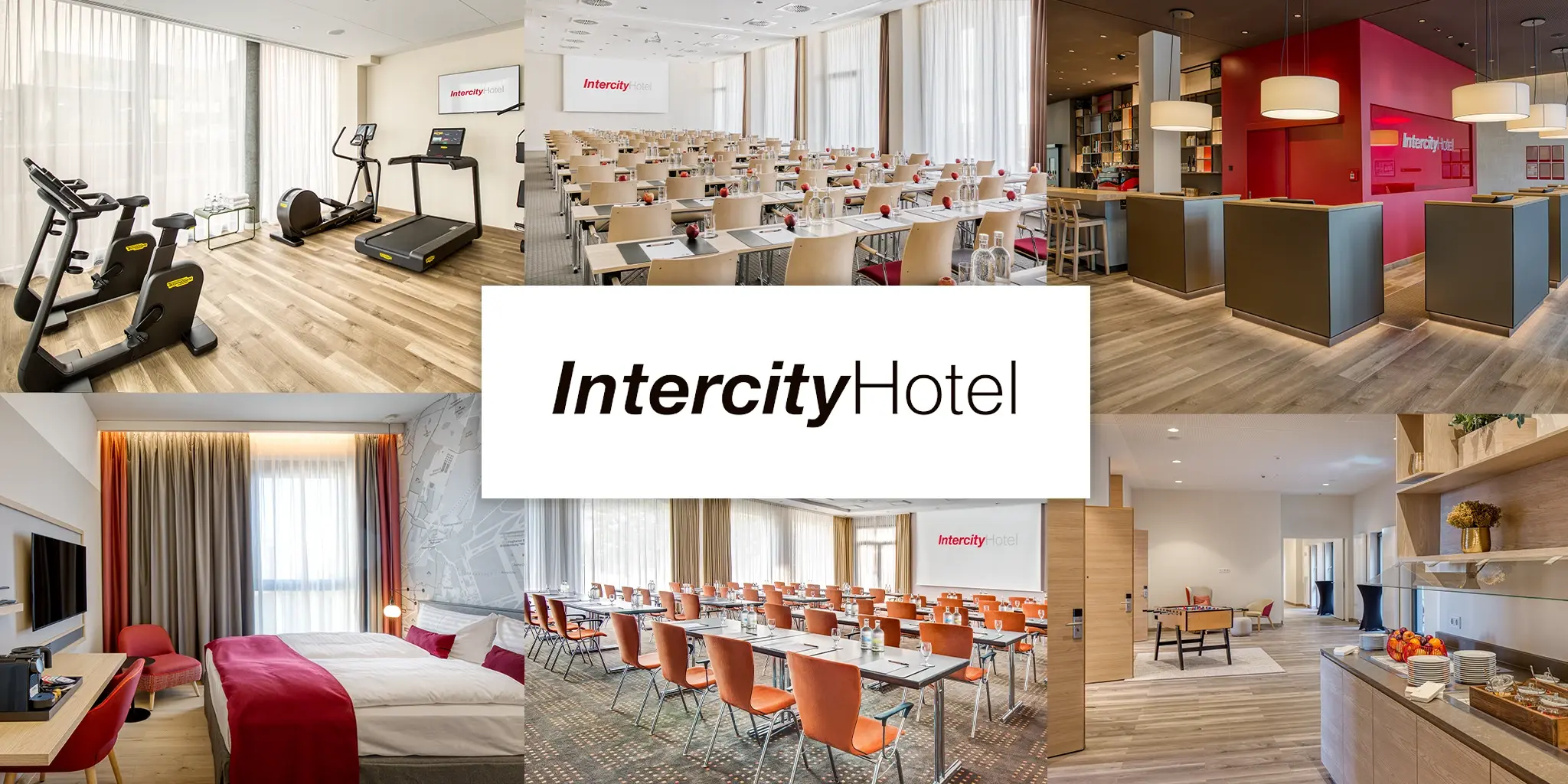 Collage aus Hotelbildern mit Fitnessraum, Tagungsraum, Rezeption, Hotelzimmer und Frühstücksraum, mittig das Logo 'InterCityHotel'