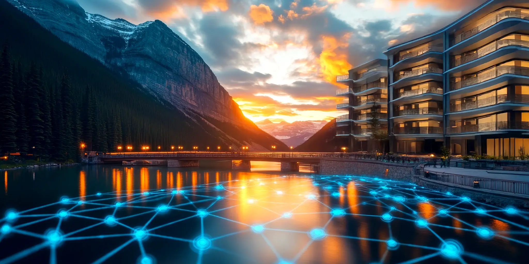 Berglandschaft mit See im Vordergrund, darüber ein digitales Netzwerk aus leuchtenden blauen Verbindungspunkten, rechts moderne mehrstöckige Hotelgebäude, im Hintergrund Sonnenuntergang mit Wolken über den Bergen
