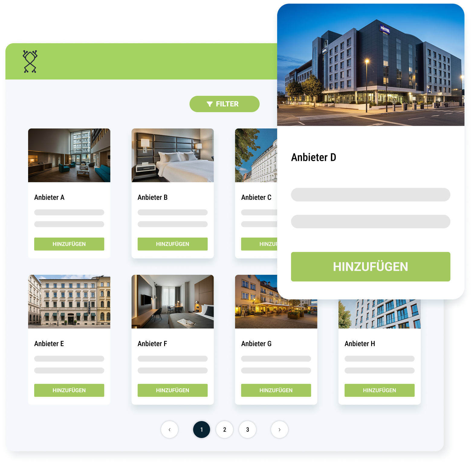Hotelübersicht mit acht Anbietern, darunter Anbieter D mit einem modernen, mehrstöckigen Gebäude bei Abendlicht, und Schaltfläche 'hinzufügen'