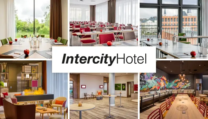 Collage mit verschiedenen Innenansichten des IntercityHotels: Tagungsräume mit Tischen und Stühlen, Lounge-Bereich mit Sitzmöbeln, Restaurant mit langer Tafel und bunter Wandgestaltung, sowie das Hotel-Logo 'IntercityHotel' in der Mitte