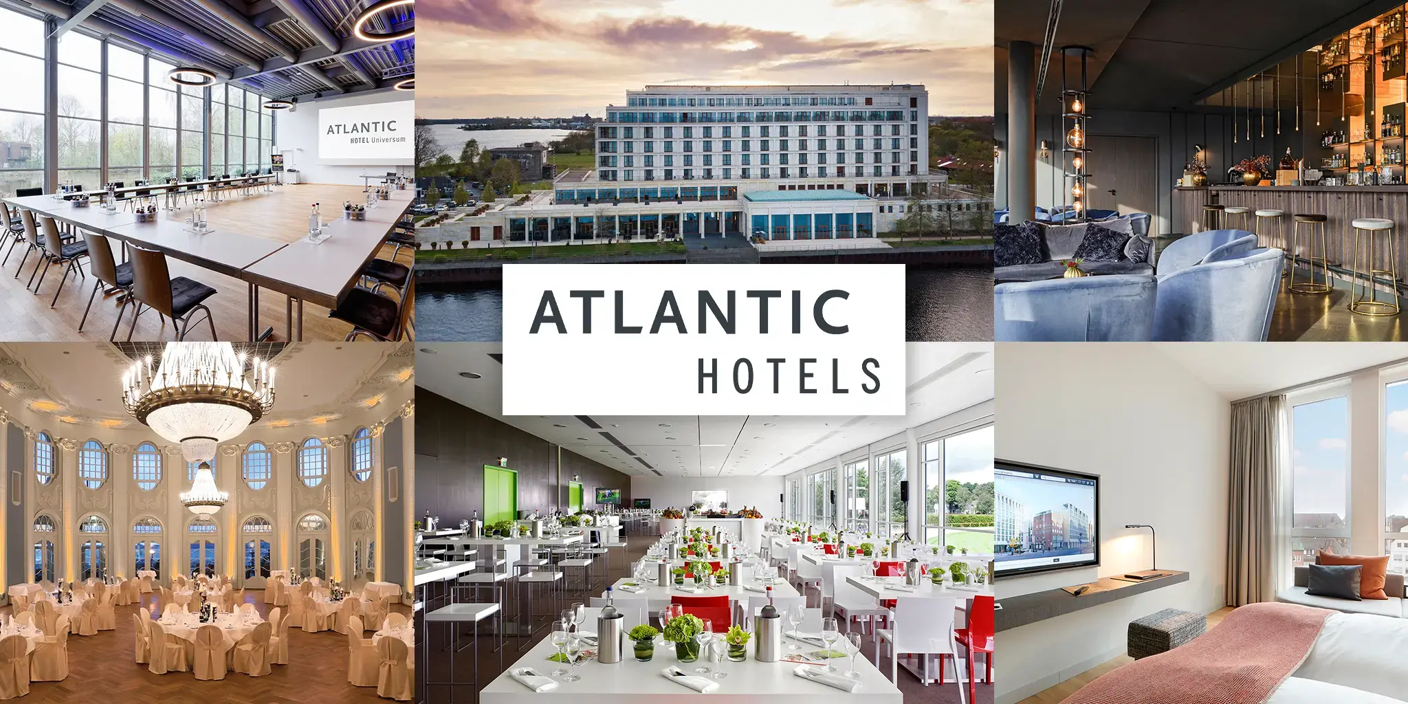 Collage mit Hotelgebäude am Wasser, Tagungsraum mit Tischen und Stühlen, Restaurant mit gedeckten Tischen, Bar mit Sitzgelegenheiten, festlich gedeckter Bankettsaal und Hotelzimmer mit Bett und Fernseher. Text 'ATLANTIC HOTELS' in der Mitte.