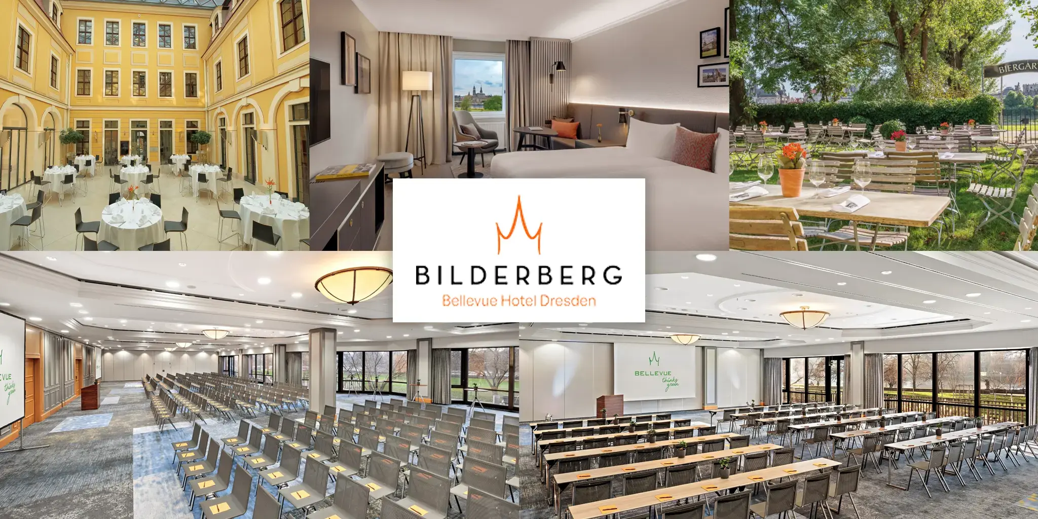 Innenhof mit gelben Fassaden und gedeckten Tischen, Hotelzimmer mit Sitzbereich und Blick auf Stadt, Garten mit Tischen unter Bäumen, zwei Konferenzräume mit Stuhlreihen und Leinwand, Logo 'Bilderberg Bellevue Hotel Dresden' in der Mitte
