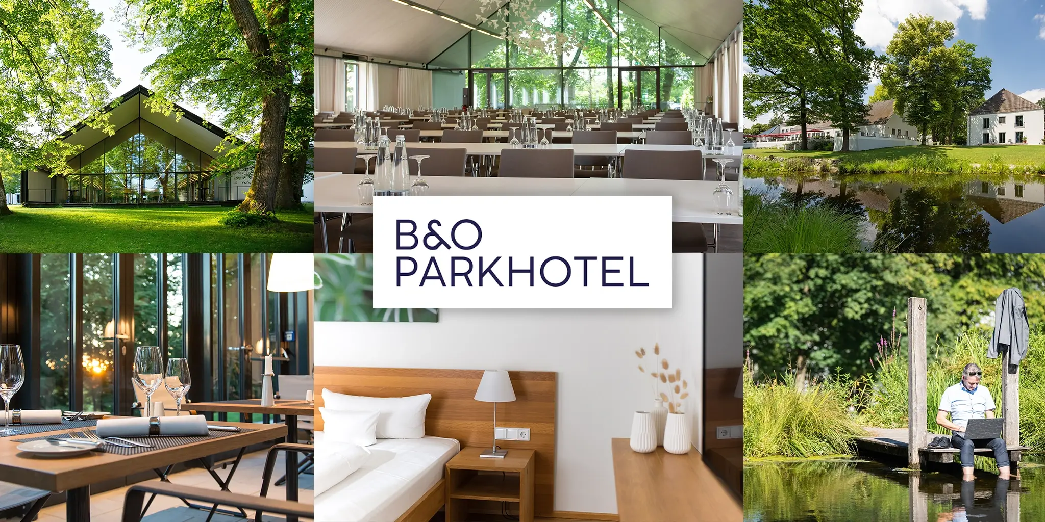 Außenansicht eines modernen Gebäudes im Park mit großen Bäumen, heller Tag; heller, moderner Konferenzraum mit Stuhlreihen und großen Fenstern zum Park; Teich mit Bäumen und weißem Haus im Hintergrund; gedeckter Tisch in Restaurant mit Kerzen und Besteck; schlicht eingerichtetes Hotelzimmer mit Bett, Nachttisch und Lampen; Mann sitzt auf Bank im Park neben Fahrrad und trägt helle Kleidung.