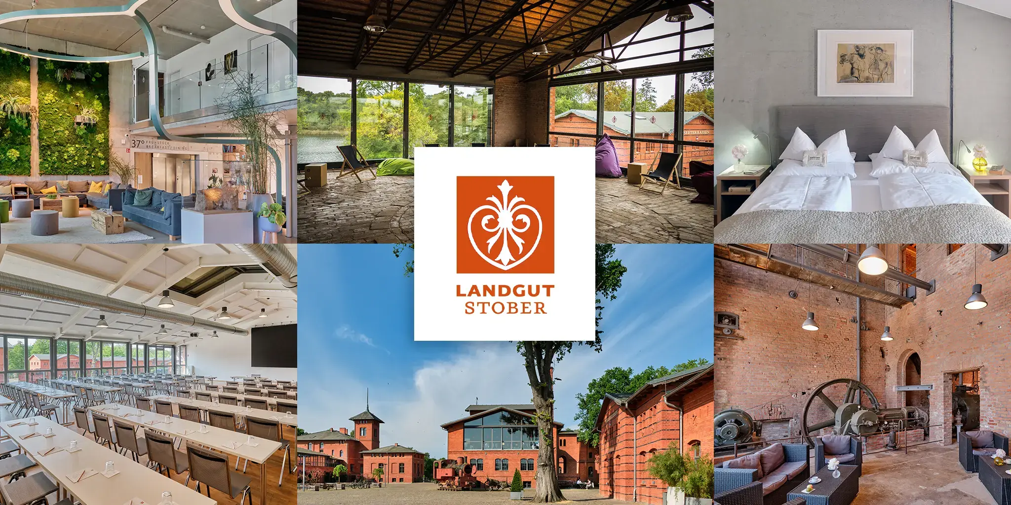 Collage mit Innen- und Außenansichten eines Landguts, darunter ein Speisesaal mit langen Tischen, ein Schlafzimmer mit Doppelbett und ein Fahrrad an der Wand. Mittig das orange-weiße Logo von Landgut Stober.