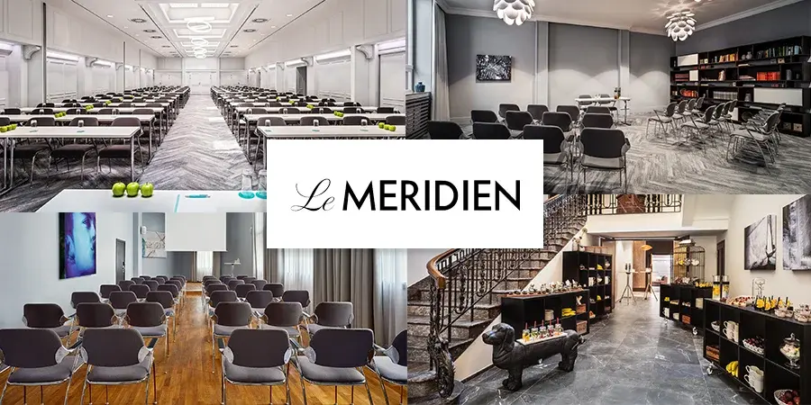 Vier Innenaufnahmen von Veranstaltungsräumen mit Stuhlreihen, Tischen, moderner Beleuchtung und Dekoration, mittig das Logo 'Le MERIDIEN'