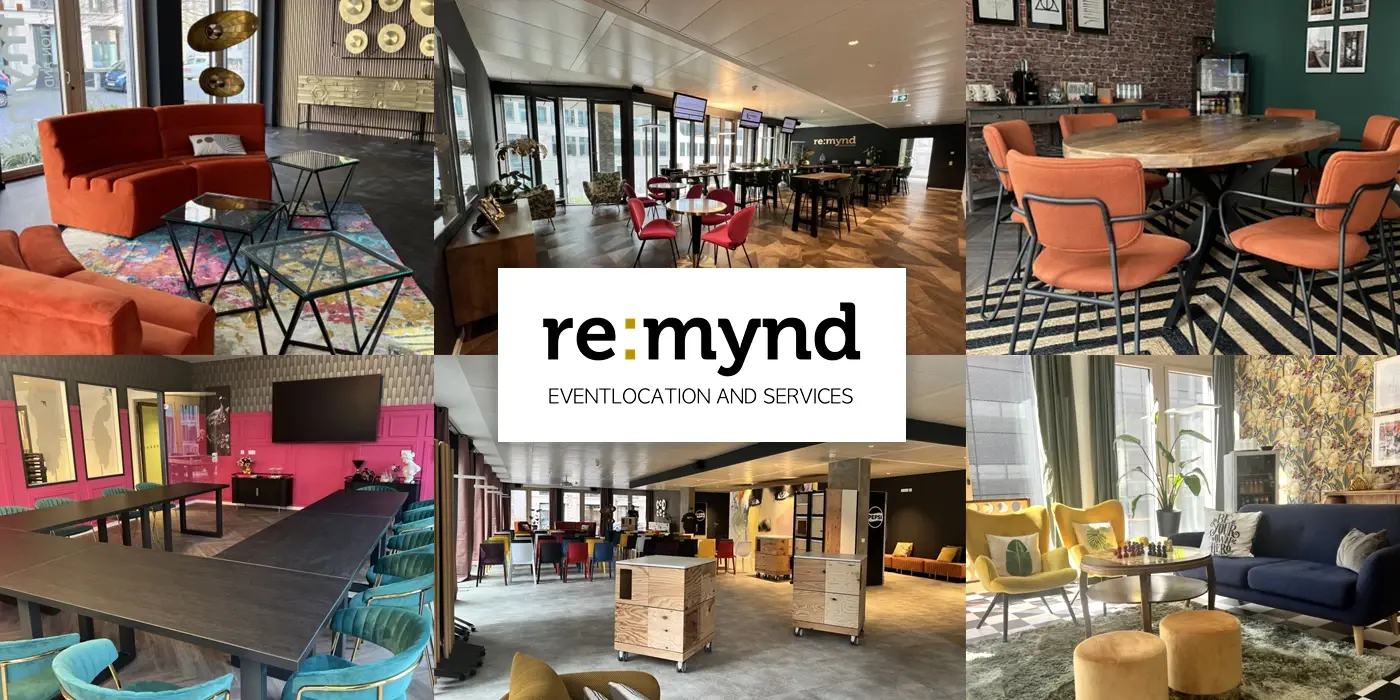 Verschiedene Innenräume einer Eventlocation mit modernen Möbeln, darunter Sofas, Stühle und Tische in unterschiedlichen Farben und Stilen.