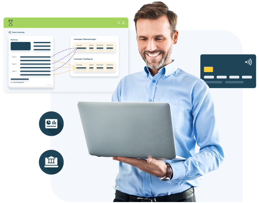 Ein Mann mit einem Laptop lächelt, während er vor digitalen Grafiken steht, die Datenfluss, Diagramme, Bankgeschäfte und eine Kreditkarte darstellen.