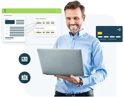 Ein Mann mit einem Laptop lächelt, während er vor digitalen Grafiken steht, die Datenfluss, Diagramme, Bankgeschäfte und eine Kreditkarte darstellen.