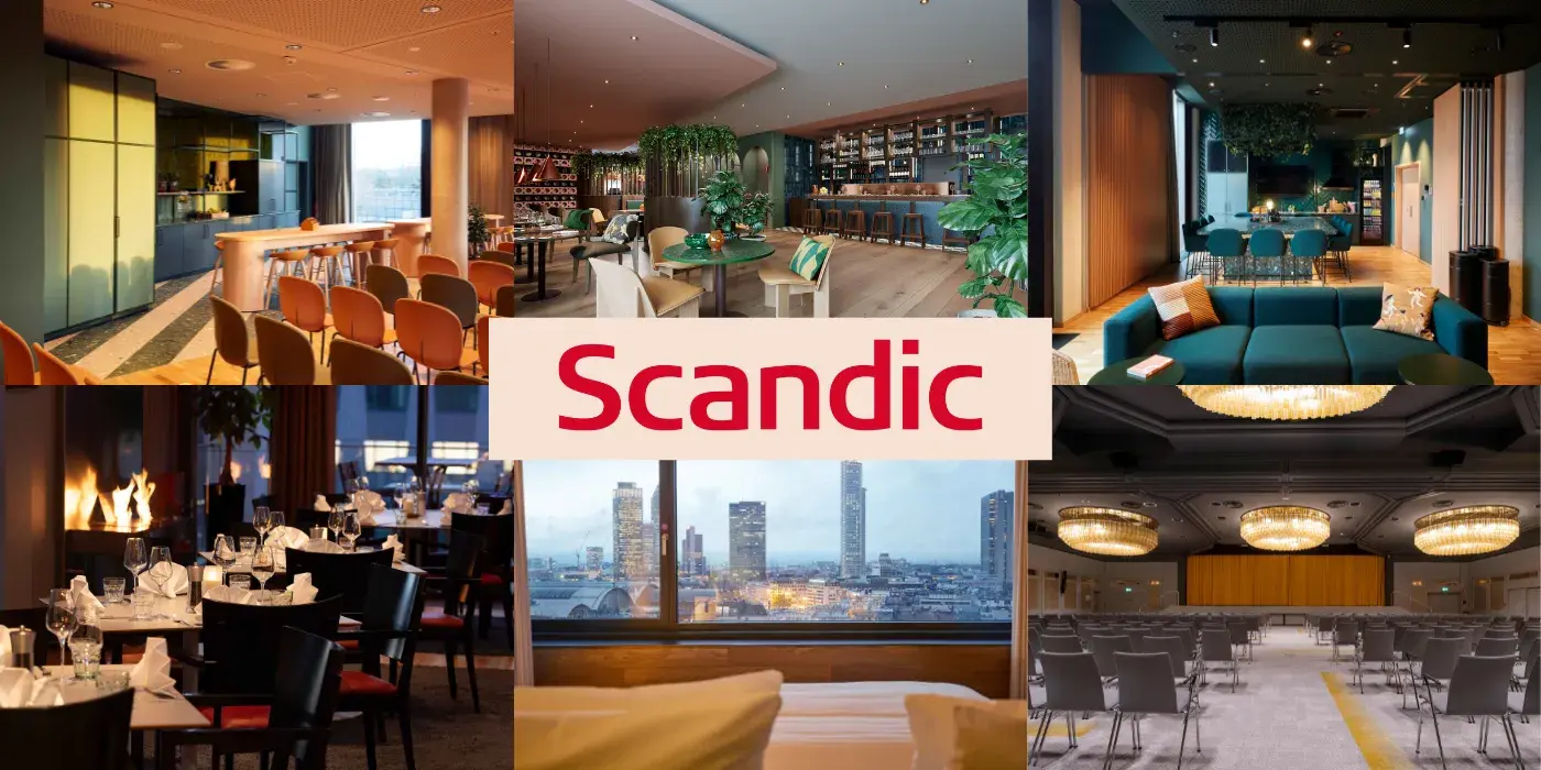 Collage aus Innenaufnahmen eines modernen Hotels mit Restaurant, Bar, Lounge und Stadtblick, mittig rotes Logo 'Scandic'.