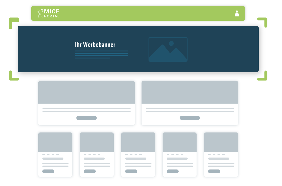 MICE Portal Webseite mit grünem Kopfbereich, Werbebanner mit Text 'Ihr Werbebanner' und mehreren Inhaltsblöcken darunter.